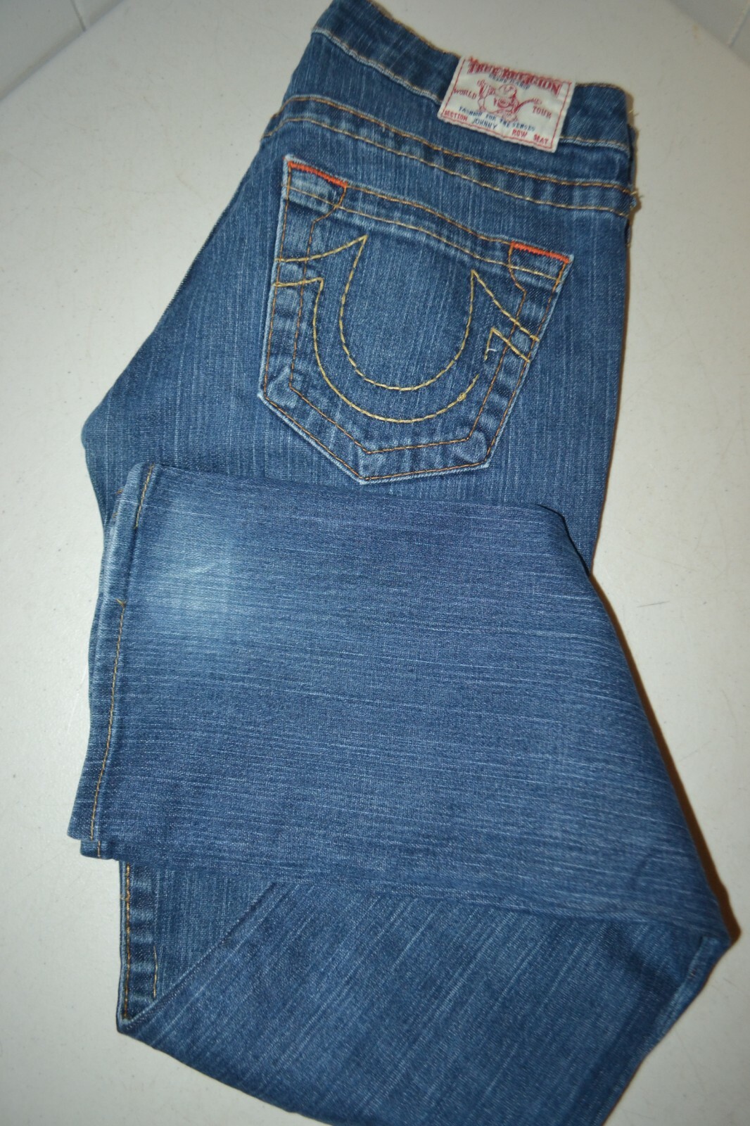 True Religion Women's Johnny Straight No Pocket Flaps Blue Denim Jeans Sz 27x34