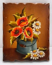 Floral Painting on Wood Still Life Vintage Artist Signed Daisy