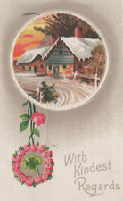 Best Wishes Winter Scene & Hanging Four-Leaf Clover Divided Back VTG Post Card