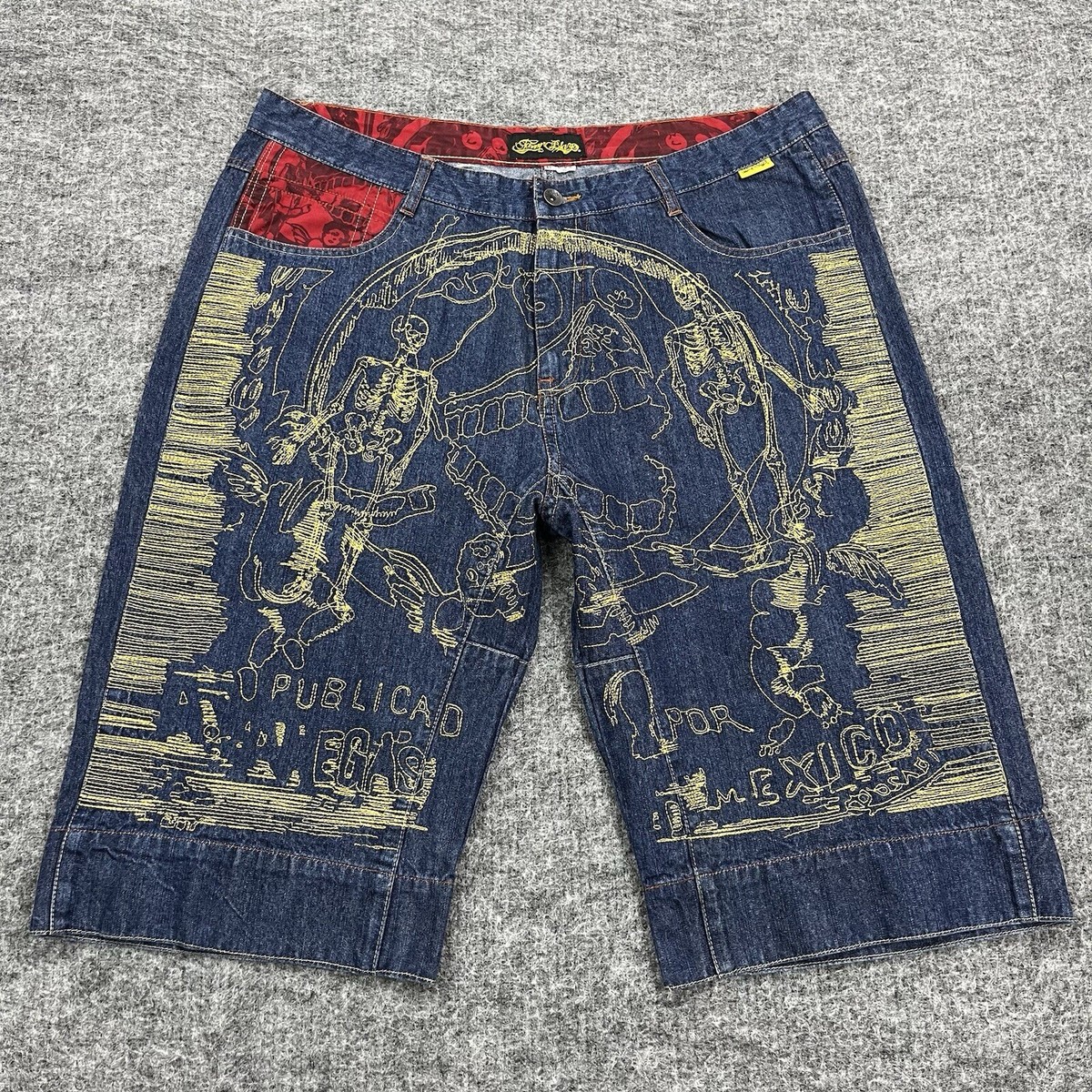 Johnny Blaze Shorts Mens 42 Blue Denim Baggy Skater Y2K Skeletons