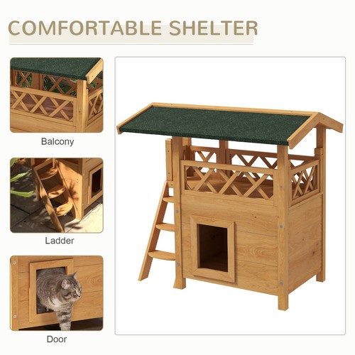 PawHut Cat House Outdoor Kitten Shelter Puppy Kennel w/ Balcony Stairs Roof - Picture 6 of 11
