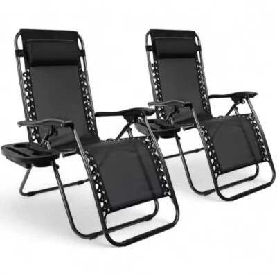 RYDR Set of 2 Zero Gravity Sun Loungers Garden Chairs Recliner Foldable Cup Holder