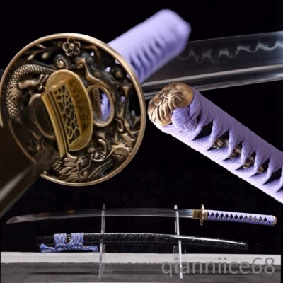 1095 carbon steel clay tempered Japanese Katana Sword copper Plum dragon tsuba