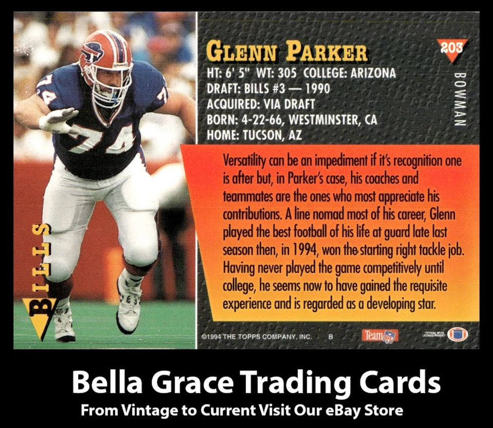 1994 Topps Bowman Glenn Parker #203 Buffalo Bills NFL Football - Image 2 of 2