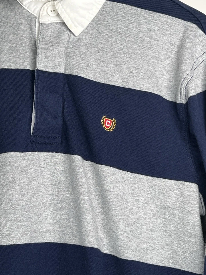Chaps Men's Rugby Shirt Size M Pullover Polo Gray Navy Blue Long Sleeve - Image 3 of 4