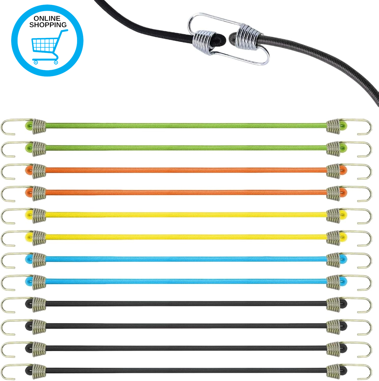 ​Bungee Cords with Hooks - 12 Pcs Heavy Elastic Cord | Double Reverse Hook & Adj