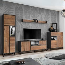 NEU komodee Orvieto TV Wohnwand Eiche Schwarz Vitrine Regal Sideboard LED
