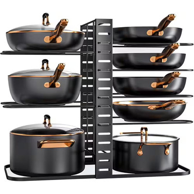 8-Tier Light-Duty Pot and Pan Organizer Rack for Cabinets Adjustable and Tool-Fr