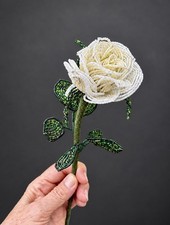 Vintage French Beaded White Rose Flower Long Stem Glass Bead Floral Art 19  