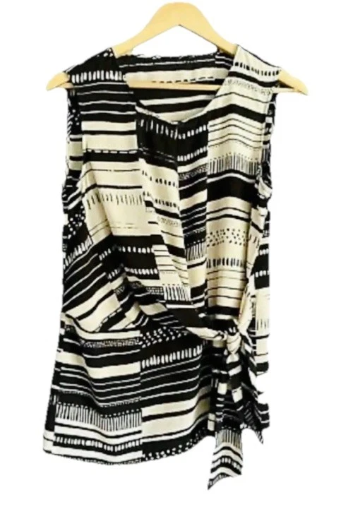 Nicole Farhi Top Blouse Cream Black Silky Sleeveless Tie Lightweight Size L
