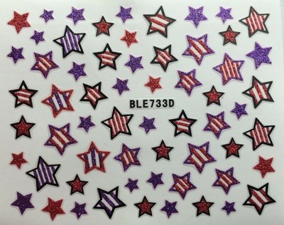 Nail Art 3D Decal Glitter Stickers Stars 4th of July Red Purple BLE733D