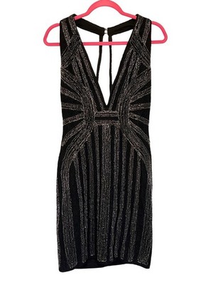 Wow Couture Gold Label Black & Silver Beaded Sheath Dress Size M