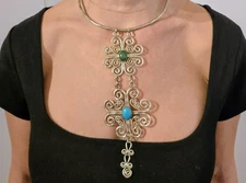 Los Castillo Mid Century Metal Turquoise Bib Necklace