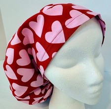 Pink Hearts on Red Medical No Band Bouffant Scrub Cap Surgery Hat
