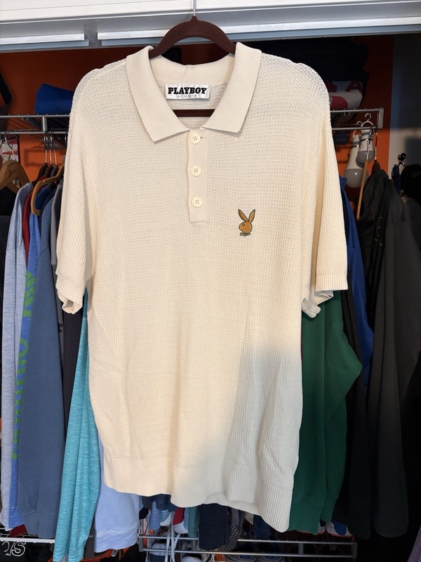 VTG Playboy PacSun Mens Polo Shirt Large Beige Mesh Knit Shirt Casual L-XL