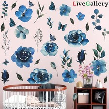 4 Sheets Watercolor Blue Roses Wall Decals Art Flowers Wall Stickers Removable H