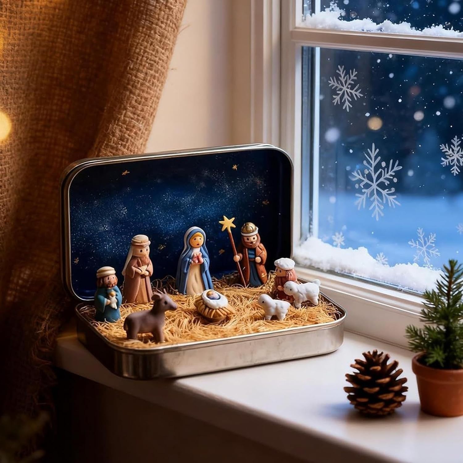 Pocket Nativity Set in Tin Box, Handcrafted Resin Holy Family Figurines