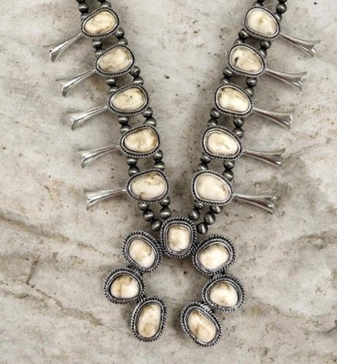 Western White Turquoise  Squash Blossom Necklace   Navajo Style Statement