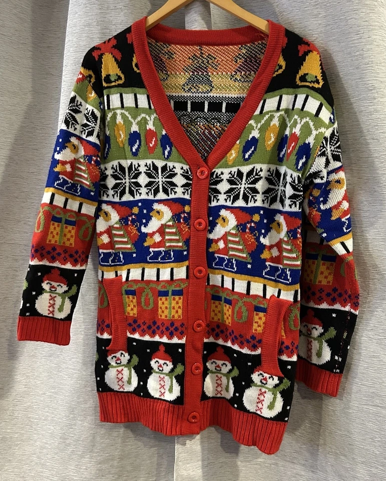 Винтажный уродливый рождественский вязаный кардиган Santa снеговик размер маленький - Изображение 2 из 4