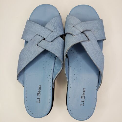 LL Bean Slide Sandals Blue Leather Woven Upper Platform Brazil 8.5 Slip On - Picture 3 of 7