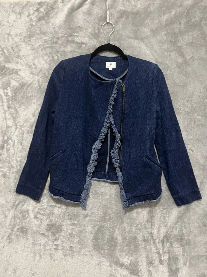 Blazer Chaqueta AG Adriano Goldschmied Azul Lavado Oscuro XS Dobladillo Crudo Cremallera Frontal Foto 3 de 4