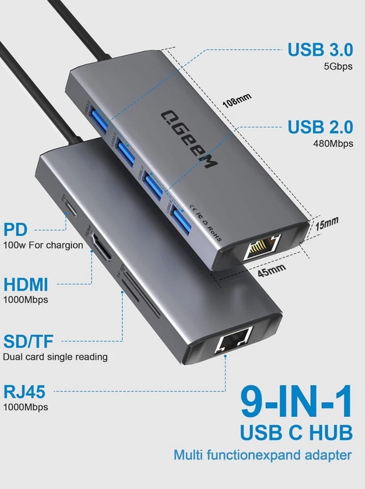 Laptop Docking Station with HDMI 4K, 9 in 1 USB C Hub, 1000Mbps LAN, 100W PD, US - Image 2 of 4