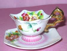 Miniature Pink Porcelain Tea Cup  Saucer Six Sided Hand Painted Floral MT Japan