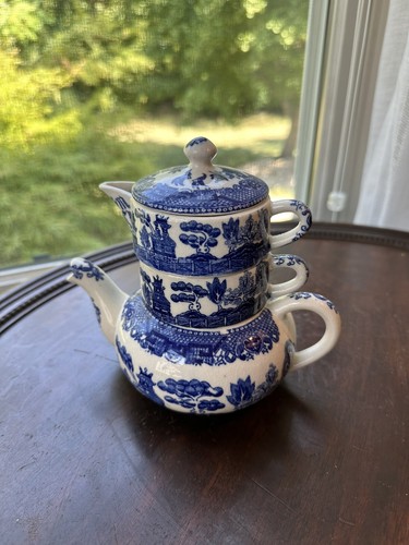 Vintage Blue Willow Ceramic Stacking Teapot For One Very Rare - Picture 3 of 18