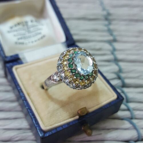 925 Sterling Silver Ring, Multi Gemstones Ring, Aquamarine, Emerald,Size U US 10 - Picture 2 of 8