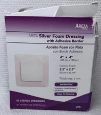 Areza Medical Silver Foam Wound Dressing Pad Sterile 4" X 4" (10cm X 10cm) 5Pk