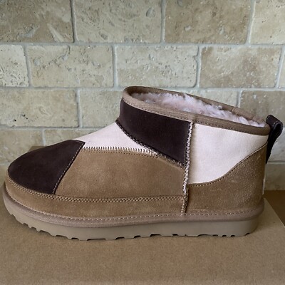 UGG CLASSIC ULTRA MINI SUEDE MULTI PATCH REIMAGINED CHESTNUT BOOT