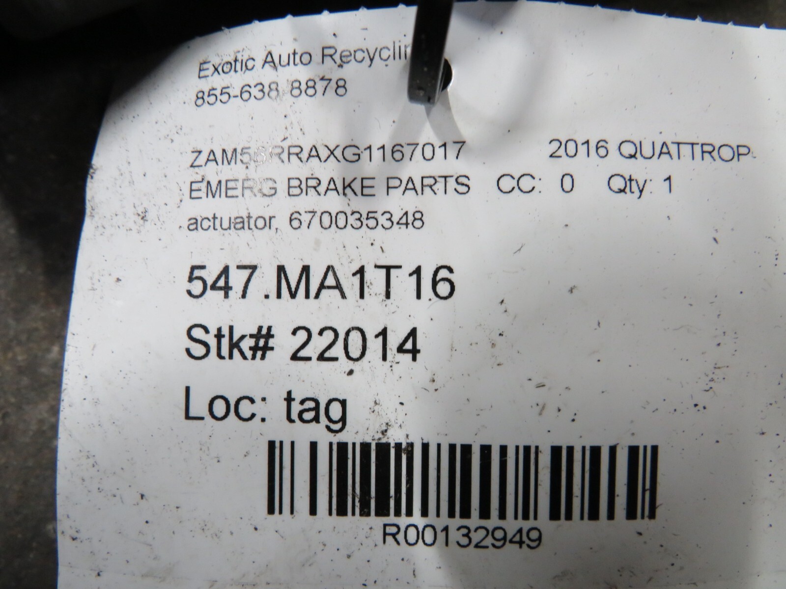 2016 Maserati Quattroporte, Ghibli, E-Brake Actuator, Used, P/N 670035348