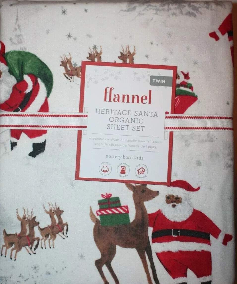 Pottery Barn Kids Holiday Flannel Heritage Black Santa Organic Sheet Set TWIN