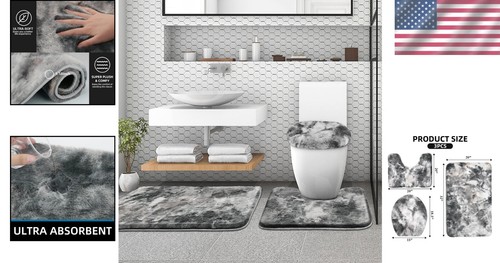 Extra Soft Non-Slip Bathroom Rug Set - 3 Pieces of Grey Faux Fur Elegance - Picture 2 of 8