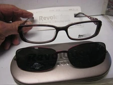 NEW Revolution Eyeglass Frame W/ Magnet sun shade REV 763 PLUM 52-16-135 w/case