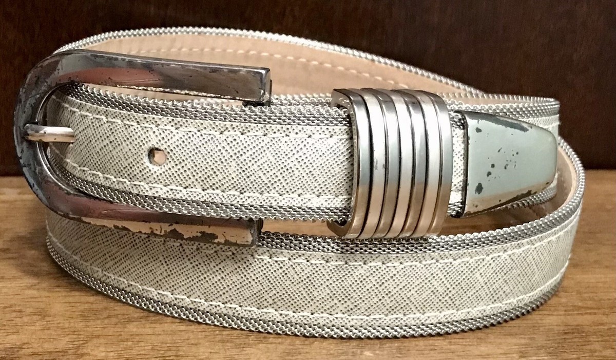 BB Simon Vintage Silver Heart Mesh White Leather Skinny Western Belt Women Small b.b.simon Leather White Belts for Women for sale | eBay main image 3