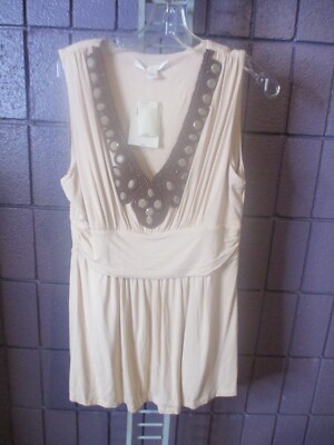 NWT BOSTON PROPER M Sand / Tan  Beaded Deep V-neck Sleeveless Shirt
