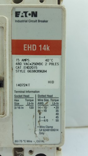EATON EHD2015 CIRCUIT BREAKER 15 AMPS 2 POLES / TESTED OK - Picture 3 of 10