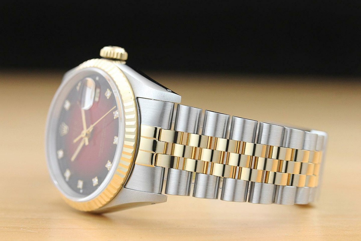 ROLEX MENS DATEJUST 16233 FACTORY DIAMOND RED VIGNETTE 2 TONE