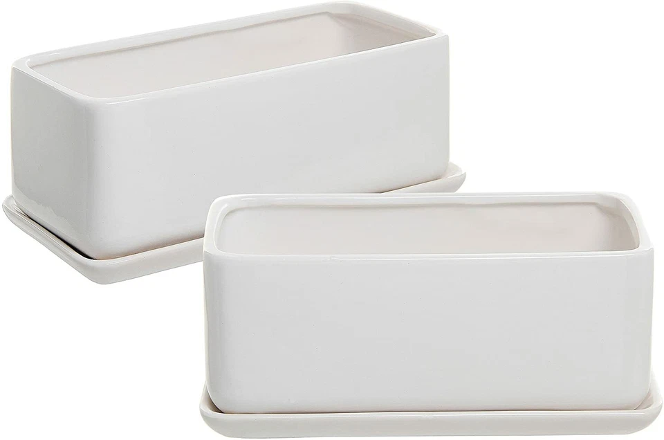 White Ceramic Rectangular Succulent Planter Pot w/ Removable Drip Tray, Set of 2 - Image 2 of 4