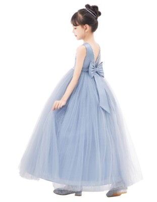 V-Back Satin Flower Girl Dress with Pearl Beaded Trim Baptism Dress Ball  Gown | eBay