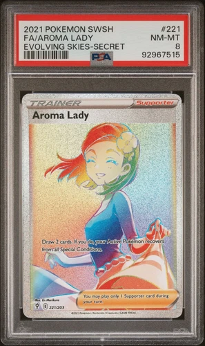 PSA 8 - Pokemon Card - Evolving Skies 221/203 - AROMA LADY (holo-foil) - NM-MT