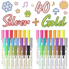 t4* Double Line Outline Markers, 20 Silver And 20 Gold Colors Squiggles 40 Pack