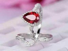 2Ct Pear Cut Lab-Created Ruby Engagement Bridal Ring Set 14K White Gold Plated