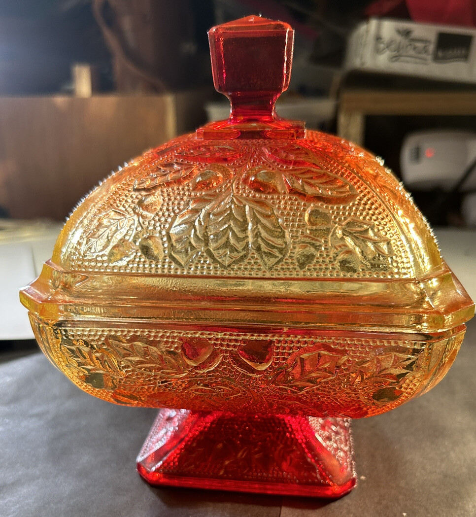 Vintage Depression Indiana Glass Lidded Ted Amber Ins Flashed