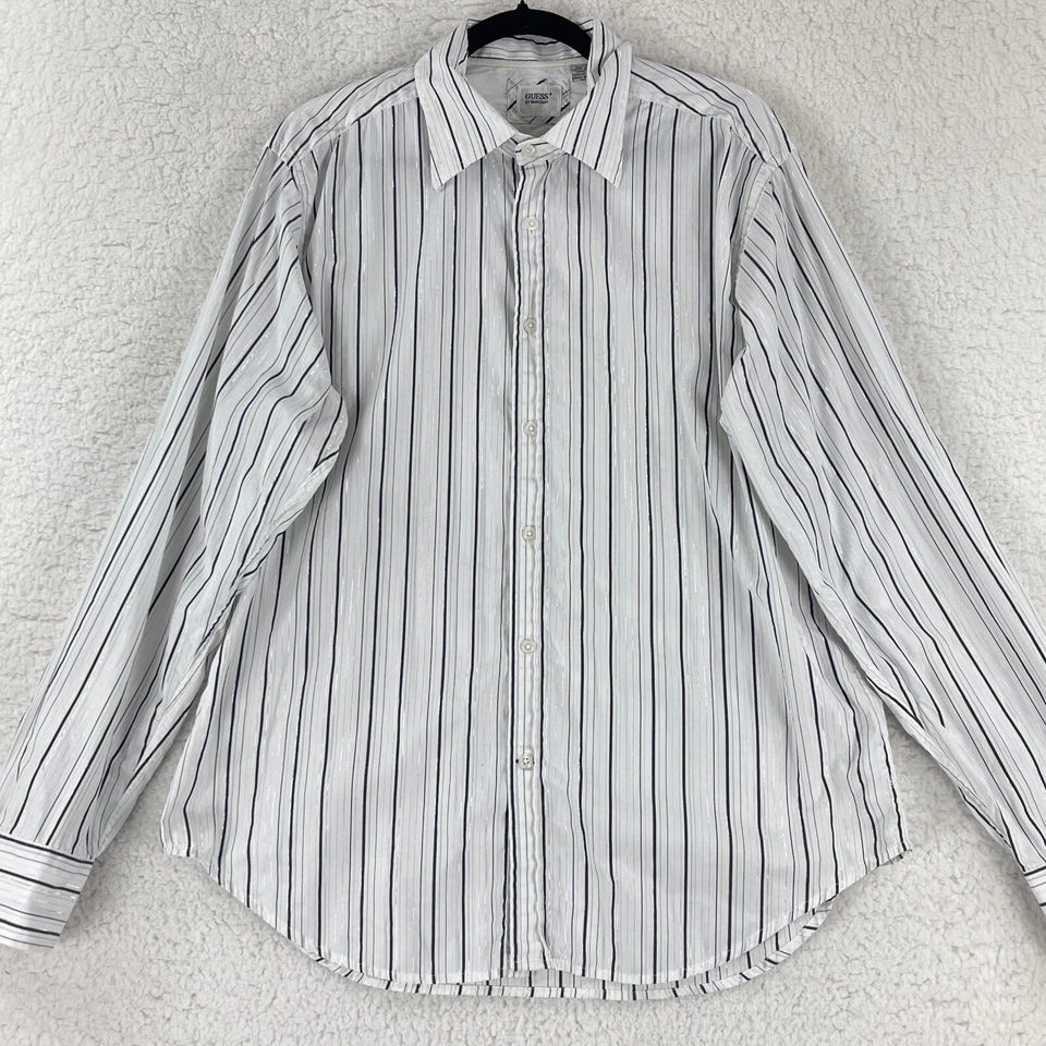 Camisa con botones Guess by Marciano para hombre XL blanca a rayas manga larga algodón lúrex Foto 2 de 4