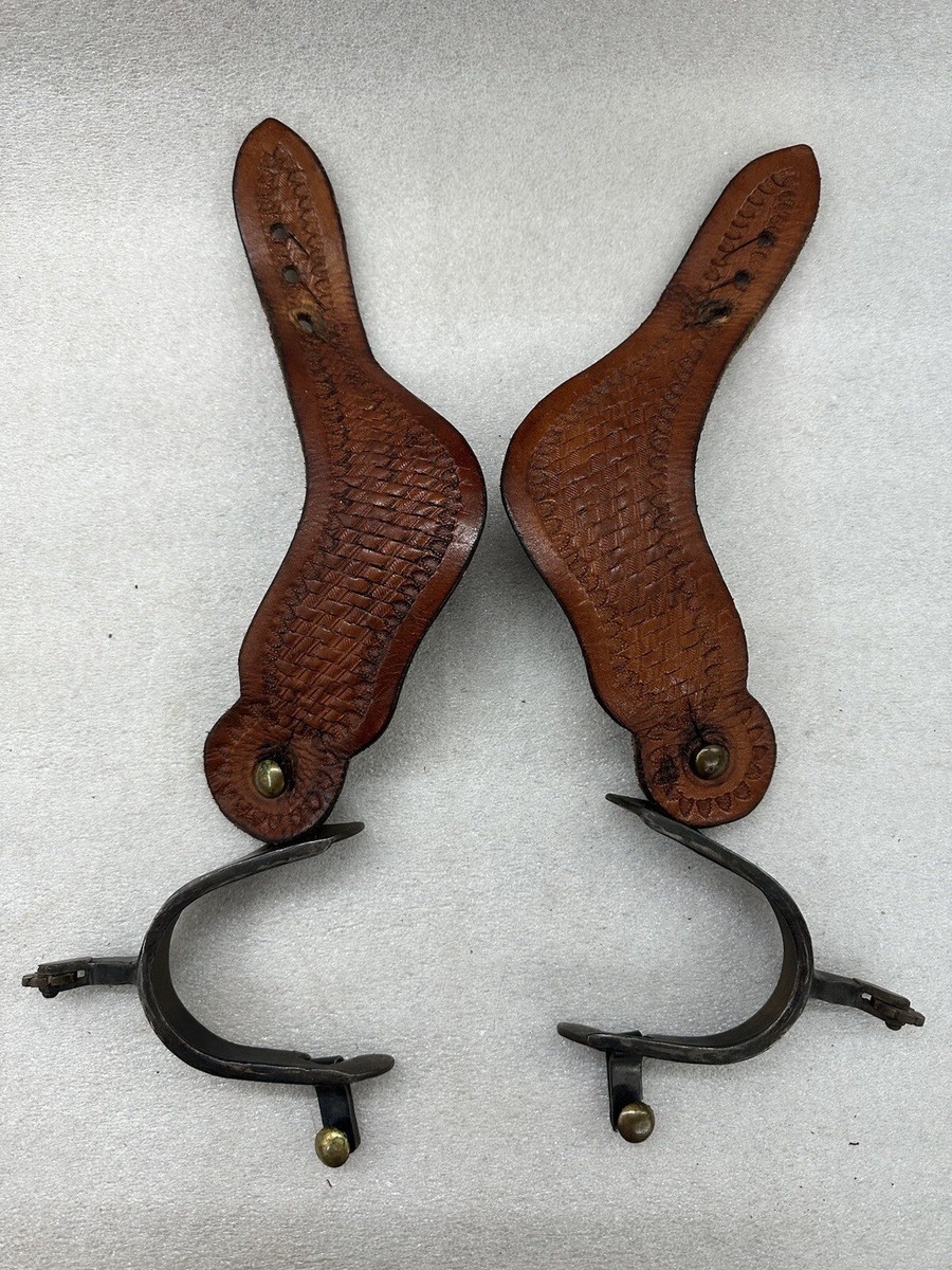 old Pair of Western Cowboy Riding Spurs w/ Brass Overlay tooled