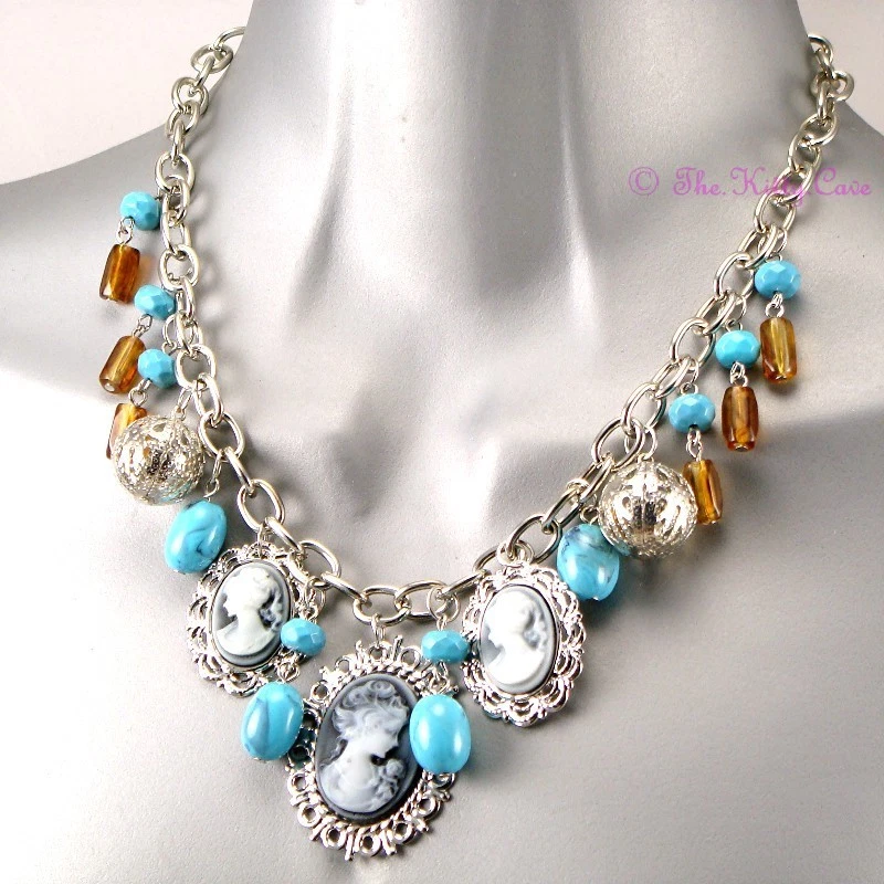 Collar Boho Vintage Chic Plateado Turquesa Ámbar Cuentas Triple Camafeo Dije Foto 2 de 4