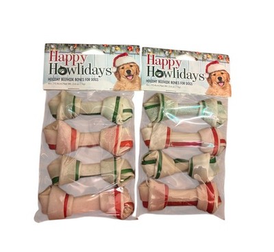 2 Packages Pet Factory Happy Holiday Rawhide Candy Knotted Bone Christmas Dog 4''