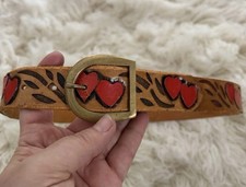 VTG Heart Tooled Belt 301 D Brass Buckle Western Leather Boho Hippie Cowgirl 37